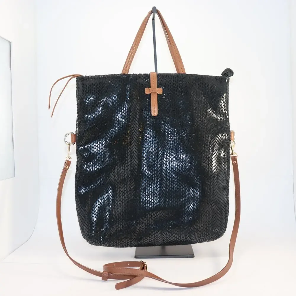 Sorial Black Snake Print Convertible Tote Crossbody Brown Leather Trim - Picture 3 of 9